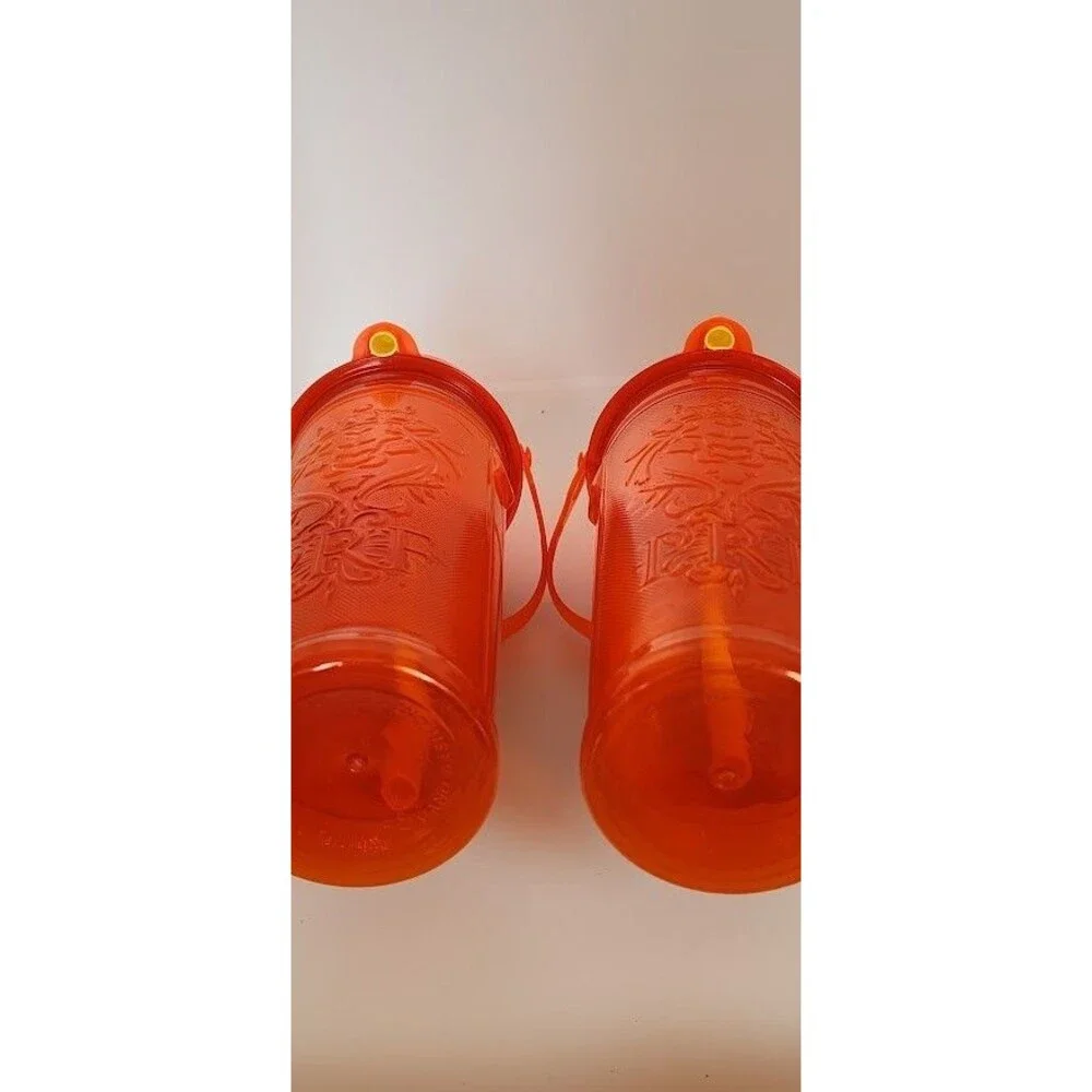 PA Renaissance Faire 2015 Souvenir Cup 2pc Set Pair Embossed Logo Plastic Orange